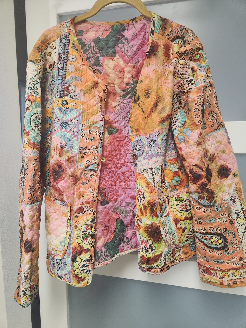 Quilted Patchwork Reversible Utility Jacket in Pink and Orange